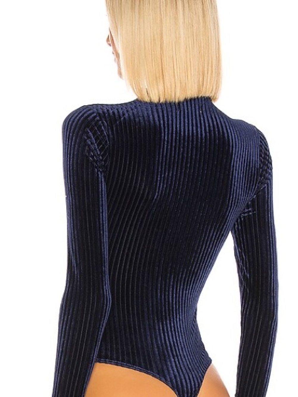 Privacy Please Navy Velvet Ribbed Mock Neck Bodysuit